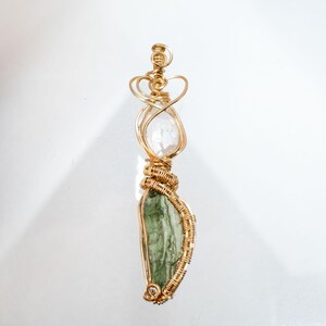 Moldavite Gold Necklace with Herkimer wire wrapped in 14k Gold-Filled, with certificate from Czech Republic + reading, design replication