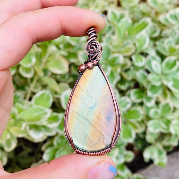 Copper Wire Wrapped Labradorite Pendant: Handmade Healing Crystal
