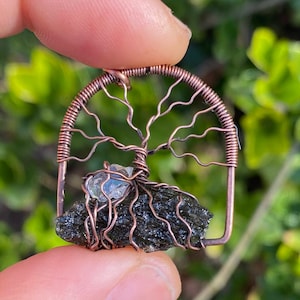 Moldavite Herkimer Diamond Tree of Life wire wrapped pendant, authentic with certificate moldavite crystal from Czech republic Made to order