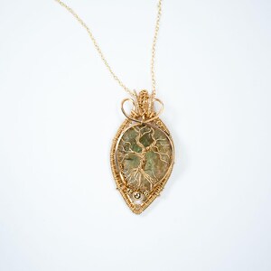 May include: A gold-colored wire-wrapped pendant necklace. The pendant features a green stone with a wire tree design. The necklace has a delicate chain and is set against a white background.