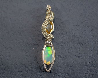 Ethiopian Rainbow opal with Citrine necklace wire wrapped in Sterling Silver