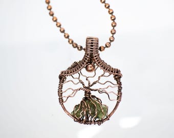 Moldavite Tree of Life Pendant: Copper Wire Wrapped Necklace certificate from the Czech Republic, made to order