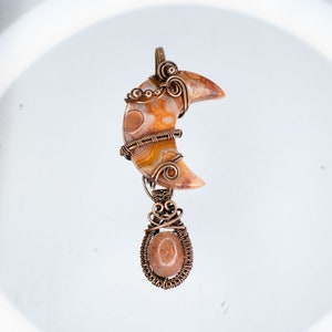 Lace Agate with Strawberry Quartz Crescent moon necklace wire wrapped in copper