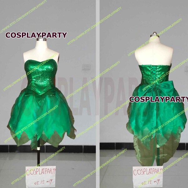 Tamaño hecho a mano el vestido de tela de lentejuelas Tinkerbell verde con cordones en la espalda disfraces de Cosplay