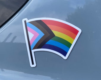 May include: A rainbow pride flag sticker with a black and brown stripe, a light blue stripe, a pink stripe, a dark blue stripe, a green stripe, a yellow stripe, and a red stripe. The flag is on a gray car.