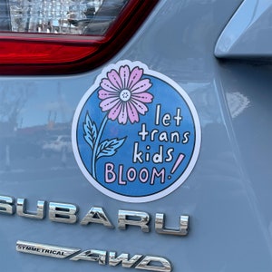 May include: A round sticker with a blue background and a pink flower illustration. The text "let trans kids BLOOM!" is written in white and pink. The sticker is affixed to a gray car.