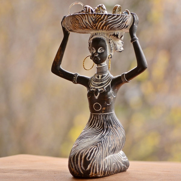African Woman Figurine Jewelry Dish – Handmade Artistic Tray for Earrings, Rings, and Small Items