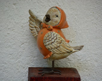 Singing Sparrow Figurine in a cute orange dress, Bird Home Decor, Singer Gift