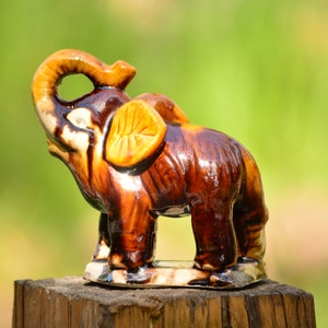 Vintage Handmade Brown Porcelain Elephant Statue,Small Porcelain Elephant Figurine,Retro Elephant