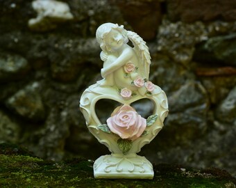 Handmade Cherub Figurine,Heart Cherub Statuette,Heart and Roses Angel,Angel Statue