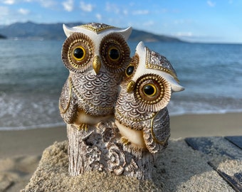 Handmade White and Brown Owl Family Figurine,White and Gold Owl,Owl Decor,Housewarming Gift