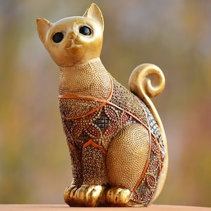 Handmade Blue and Gold Cat Figurine - Adorable Home Decor for Cat Lovers