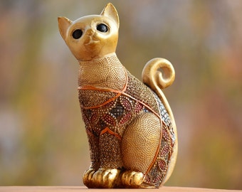 Handmade Blue and Gold Cat Figurine - Home Decor for Cat Lovers