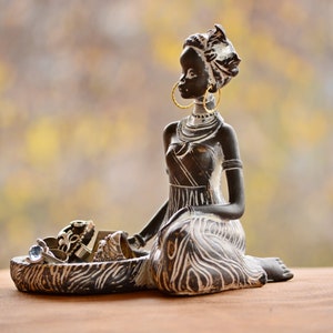 African Woman Figurine Jewelry Stand, Handmade Decorative Art Piece for Necklaces and Rings