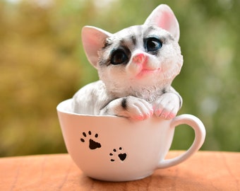 Cat in a Cup Figurine,Black and White Cat Figurine,Tabby Cat Figurine,Cat Lovers Gift,Housewarming Gift