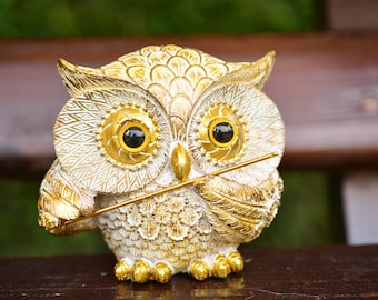 White and Gold Flutist Owl Figurine,Owl Flute,Owl Musician Figurine,Owl Gift,Owl Home Decor,Cute Owl Statue