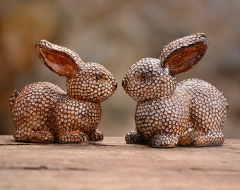 Handmade Christmas Gift: Sparkling Brown and Silver Couple Rabbits Figurines