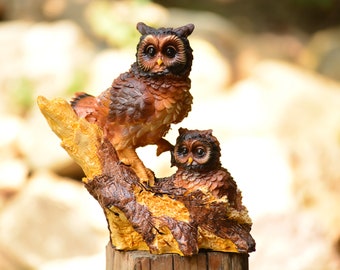 Mother and Baby Owl Figurine - Handcrafted Owls on Tree Branch - Cute Home Decor