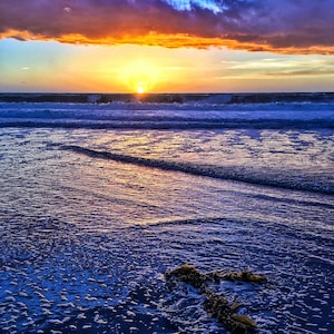 Puede incluir: Una puesta de sol sobre el océano con un cielo morado, naranja y amarillo. El agua es de un azul profundo con espuma blanca y algas en la orilla.