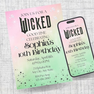 Wicked Geburtstagsparty-Einladung Personalisierte Wicked Geburtstag einladen Printable Glinda Elphaba Wicked Thema Party Rosa und Grün