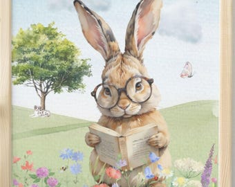 Impresión de acuarela de un conejito de Pascua: Conejo leyendo con gafas (descarga digital)