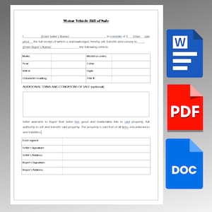Puede incluir: Un formulario en blanco de factura de venta de vehículo de motor con campos para el nombre del vendedor, el nombre del comprador, la marca, el año, el VIN, la lectura del odómetro, el modelo o la serie, el color, el estilo y el título. El formulario también incluye secciones para términos y condiciones de venta adicionales, la firma del vendedor, la firma del comprador, la dirección del vendedor y la dirección del comprador.