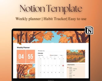 May include: A laptop computer screen displaying a Notion template for a weekly planner and habit tracker. The template features a calendar view, a daily routine section, and a background image of autumn leaves. The text "Notion Template" is displayed at the top of the screen, along with the text "Weekly planner | Habit Tracker | Easy to use".