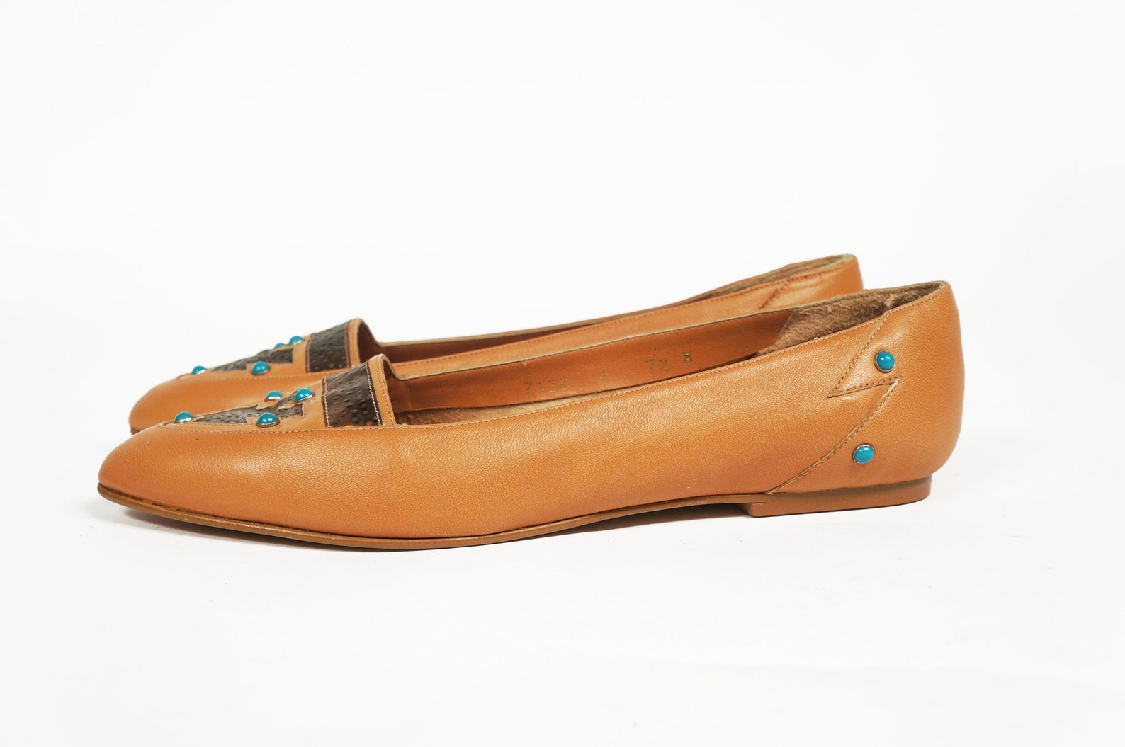 80s leather turquoise ballet flats southwest style slip ons 7.5 b unworn