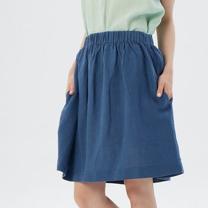 Jeans Blue Linen Mini Skirt Skirt with Hidden Pocket, LA JOLLA Customizable Length & Colors image 1