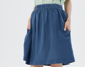 Jeans Blue Linen Mini Skirt | Skirt with Hidden Pocket, LA JOLLA | Customizable Length & Colors