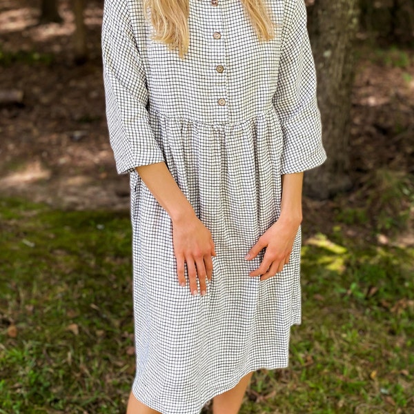 Customizable Linen Dress with Long Sleeves, Hidden Side Pockets, and Buttons - San Clemente - Mothers Day Gift
