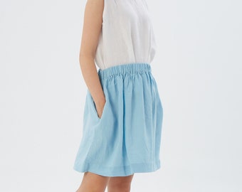 Elastic Waist Linen Mini Skirt, Linen Skirt with Hidden Pocket, LA JOLLA, Custom Length Skirt, Cotton Skirt, Christmas Gift, 004