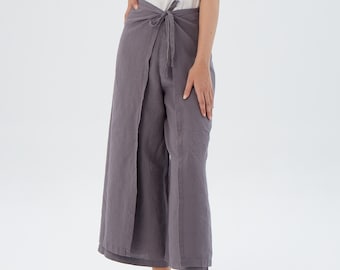 Wide leg wrap around linen pants TEXAS / Overlapping waist linen skirt pants at your desired length / Mothers Day Gift