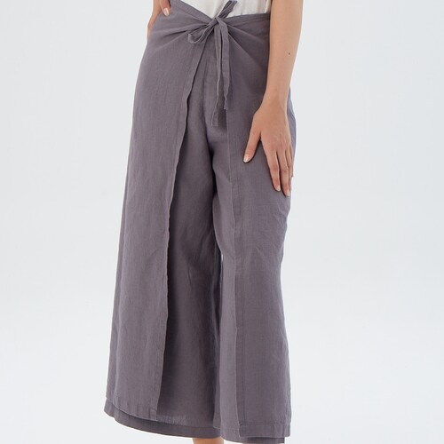 Wide leg wrap around linen pants TEXAS / Overlapping waist linen skirt pants at your desired length / available in different colors