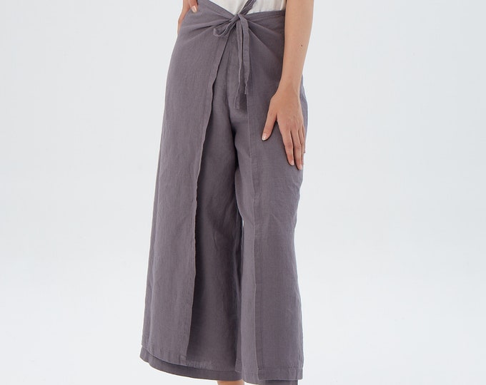Featured listing image: Wide leg wrap around linen pants TEXAS / Overlapping waist linen skirt pants at your desired length / Mothers Day Gift