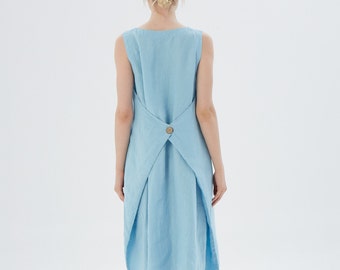 Blue Linen dress, SANTA BARBARA /  100% Linen dress with wooden button / Wedding Guest Dress / Mothers Day Gift
