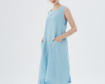 Vestido de lino sin mangas, SANTA BARBARA / Vestido de lino puro con botón de madera / Vestido de lino suave lavado, vestido para invitada de boda / Regalo para mamá