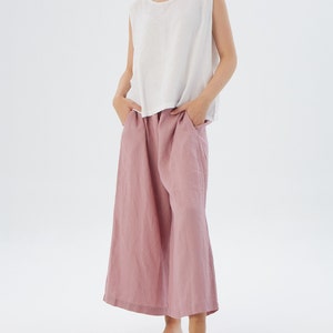 Wide leg linen pants with hidden side pockets AUSTIN HIDE / Elastic waist linen pants at your desired length / Mothers Day Gift image 5