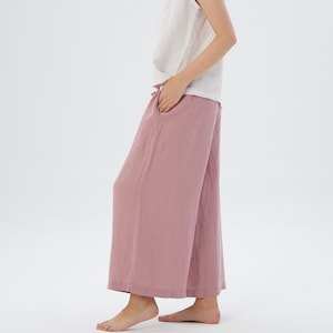 Wide leg linen pants with hidden side pockets AUSTIN HIDE / Elastic waist linen pants at your desired length / Mothers Day Gift image 2
