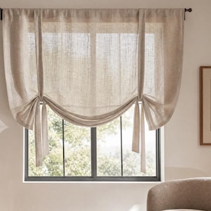 Adjustable European Linen Tie-Up Curtain, Natural Drapes, Kitchen Valance, home_1029 image 1