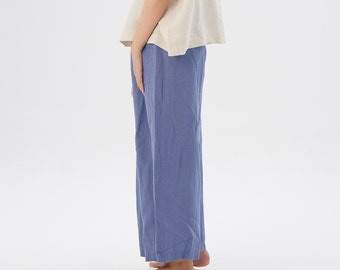 Pantalones de lino de pierna ancha con bolsillos cuadrados AUSTIN / Pantalones de lino de cintura elástica en el largo deseado / Regalo del Día de las Madres