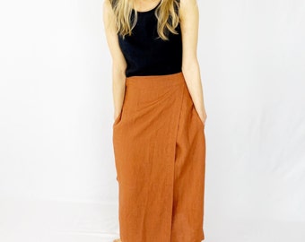 Linen Wrap Skirt, natural linen skirt for women mid-calf skirt linen linen long skirt Fall linen clothing washed and soft linen gift for her