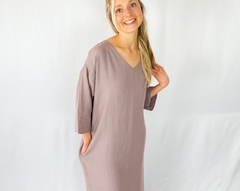 Linen Dress  V Neck, CARMEL / Midi Dress / Washed linen tunic / available in 40 different colors/ Mothers Day