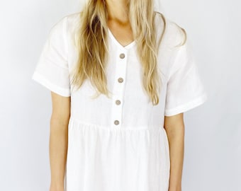 Linen dress with short sleeves and hidden side pockets, HUNTINGTON / White Linen Dress / Washed and soft linen dress / Mothers Day Gift