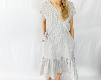 Linen Dress  V Neck, IRVINE / Maxi Dress / Washed linen dress with ruffles / available in different colors / Mothers Day Gift