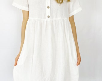 White Linen Dress with Short Sleeves and Hidden Pockets, HUNTINGTON - Washed and Soft Linen Dress with Buttons / Mothers Day Gift