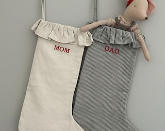Custom Linen Family Stocking with ruffles, Handmade Holiday Stocking, Christmas Family Gift, Kids Gift for Christmas