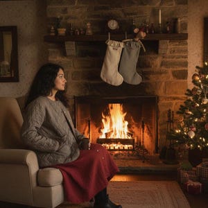 Puede incluir: Una acogedora escena navide&ntilde;a con chimenea, &aacute;rbol y calcetines. Una persona est&aacute; sentada en una silla, con una chaqueta acolchada y una falda roja, sosteniendo una taza. La chimenea tiene un fuego crepitante y la habitaci&oacute;n est&aacute; decorada para las fiestas.