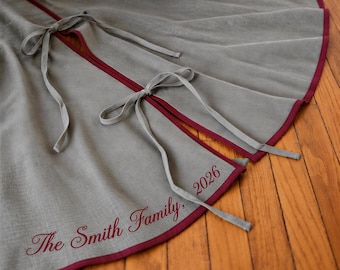 Personalized Linen Christmas Tree Skirt, Embroidered Name Tree Skirt, Farmhouse Christmas Decor, Custom Family Tree Skirt Gift
