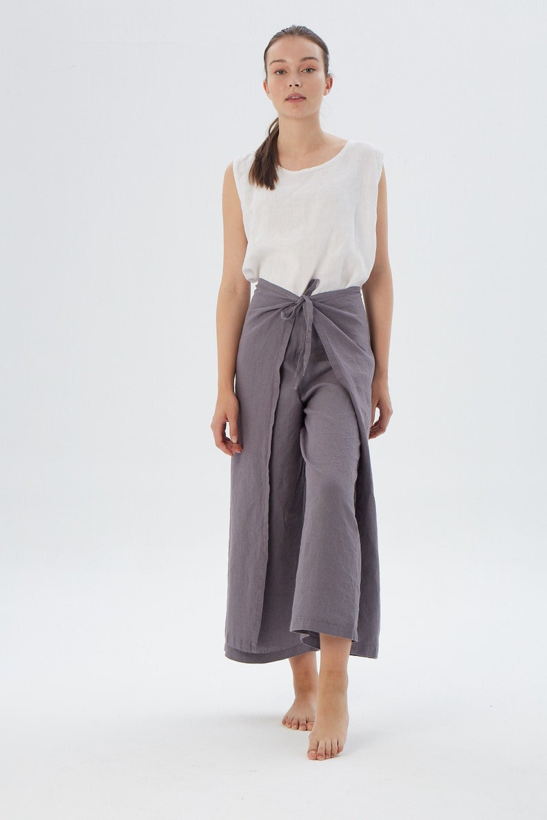 Wide leg wrap around linen pants TEXAS / Overlapping waist linen skirt pants at your desired length / Mothers Day Gift image 2